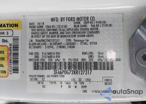 2019 Ford Fusion S z USA, uszkodzony, nr VIN 3FA6P0G72KR127317